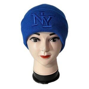 Embroidered NY Men Women Winter Knit Warm Fur lined Beanie Hat - Blue